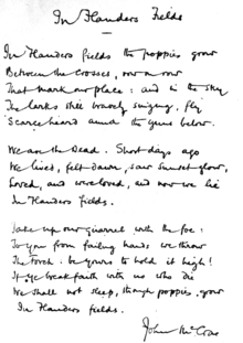 The poem hand-written by McCrae. In this copy, the first line ends with "grow", differing from the original published version.